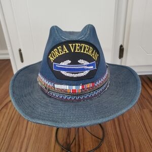 Vintage Cowboy Hat With Veterans Patch Denim Look